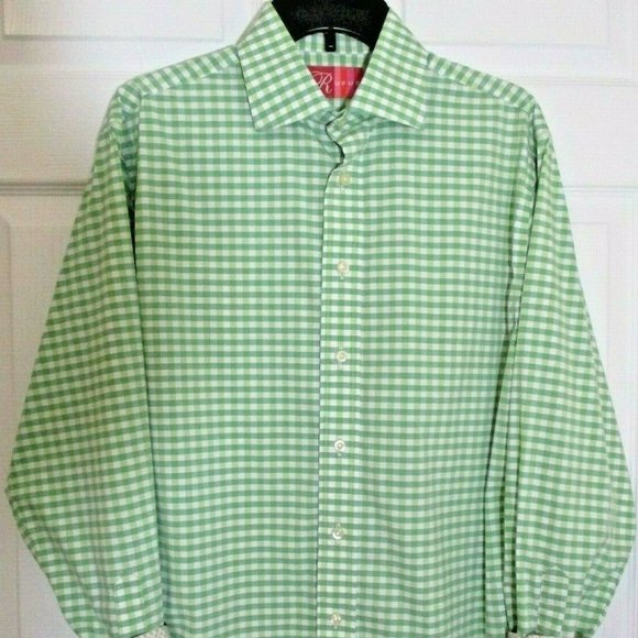 Rufus Button Front Shirt sz M Green Gingham Contrast Cuffs 100% Cotton USA - Picture 1 of 14